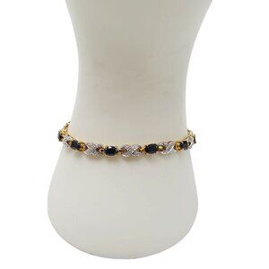 Gold Plated Blue Topaz Diamond Clip Link Tennis Bracelet Vintage 7.25 inches